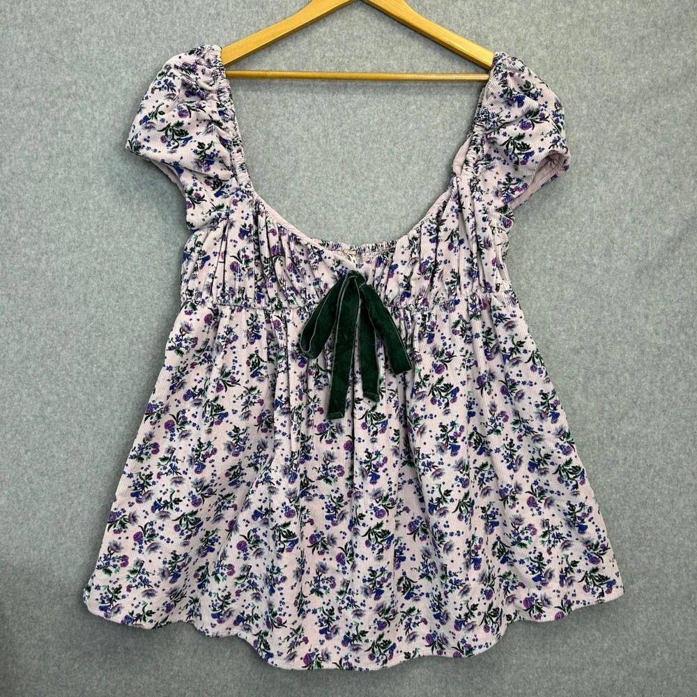 Free People Large Babydoll Top Pink Gaia Corduroy Floral Puff Sleeve Velvet Bow